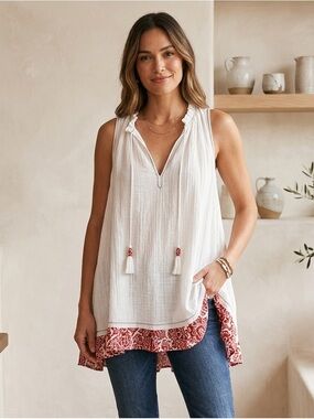 Free People Feel The Heat Boho Tunic Top Cream Red Bandana Trim Tassels Size XS